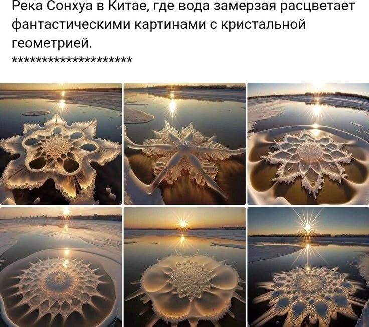 Река Сонхуа в Китае, где вода замерзая распветает фантастическими картинами с кристальной геометрией.