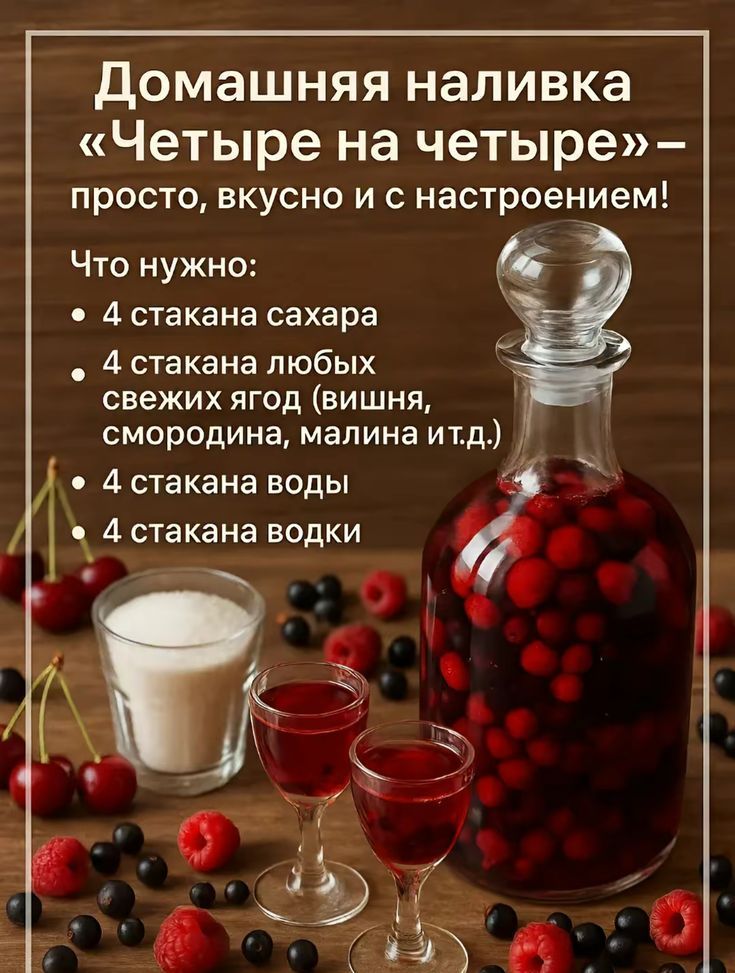 Домашняя наливка «Четыре на четыре» – просто, вкусно и с настроением! Что нужно: • 4 стакана сахара • 4 стакана любых свежих ягод (вишня, смородина, малина и т.д.) • 4 стакана воды • 4 стакана водки
