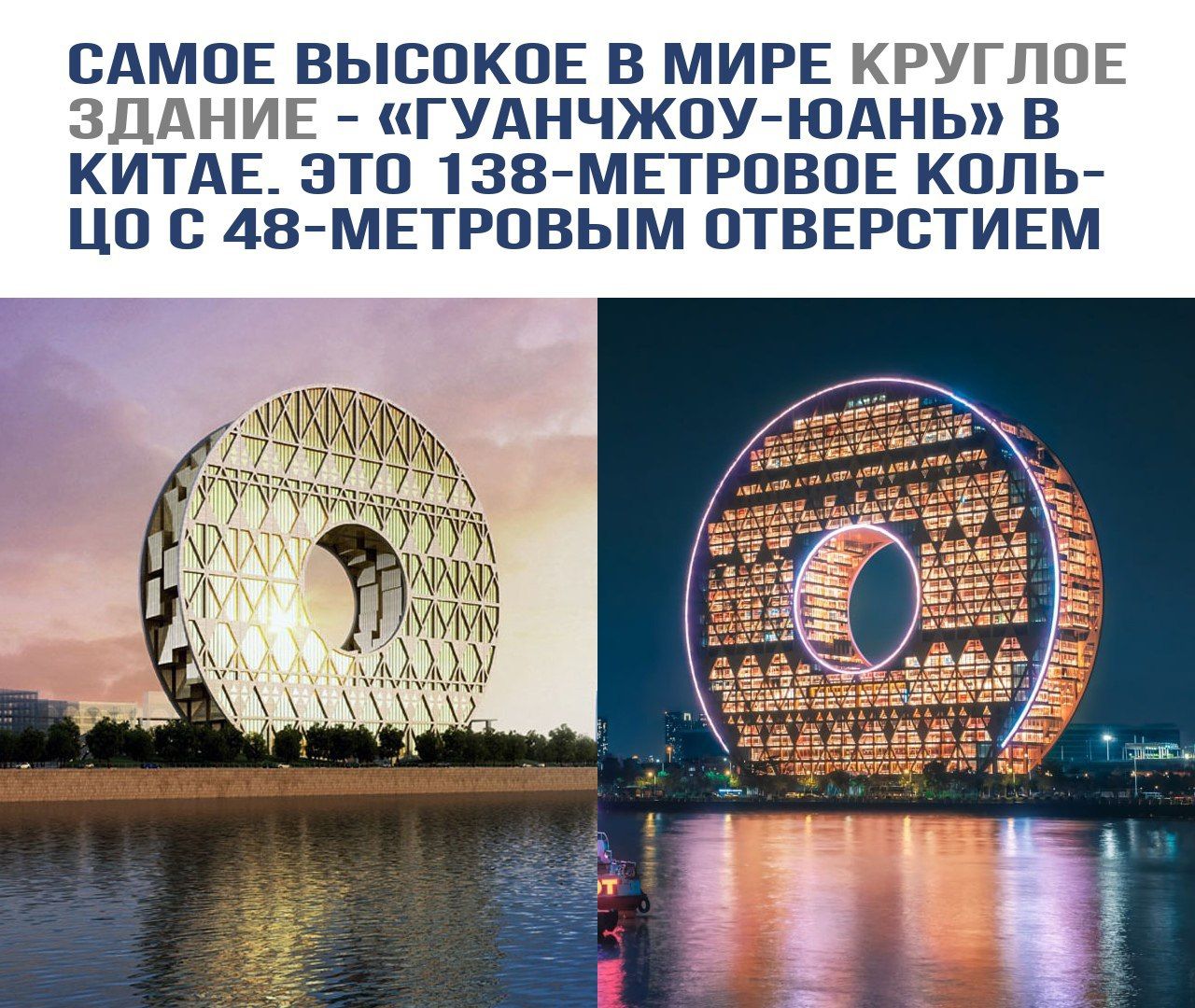 САМОЕ ВЫСОКОЕ В МИРЕ КРУГЛОЕ ЗДАНИЕ - «ГУАНЧЖОУ-ЮАНЬ» В КИТАЕ. ЭТО 138-МЕТРОВОЕ КОЛЬЦО С 48-МЕТРОВЫМ ОТВЕРСТИЕМ