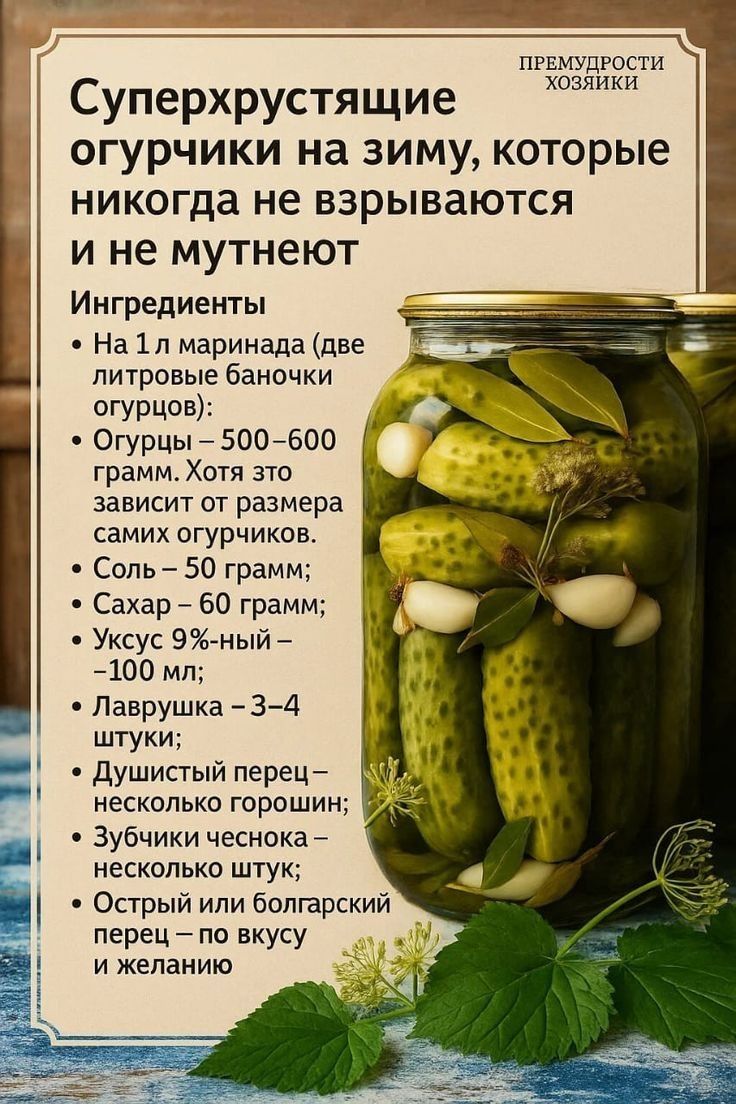 Суперхрустящие огурчики на зиму, которые никогда не взрываются и не мутнеют

Ингредиенты

На 1 л маринада (две литровые баночки огурчиков):
- Огурцы – 500–600 грамм. Хотя это зависит от размера самих огурчиков.
- Соль – 50 грамм;
- Сахар – 60 грамм;
- Уксус 9%-ный – 100 мл;
- Лаврушка – 3–4 штуки;
- Душистый перец – несколько горошин;
- Зубчик чеснока – несколько штук;
- Острый или болгарский перец – по вкусу и желанию.