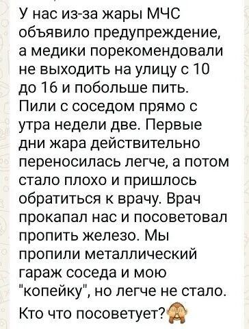 У нас из-за жары МЧС объявило предупреждение, а медики порекомендовали не выходить на улицу с 10 до 16 и побольше пить. Пили с соседом прямо с утра недели две. Первые дни жара действительно переносилась легче, а потом стало плохо и пришлось обратиться к врачу. Врач прокапал нас и посоветовал пропить железо. Мы пропили металлический гараж соседа и мою 