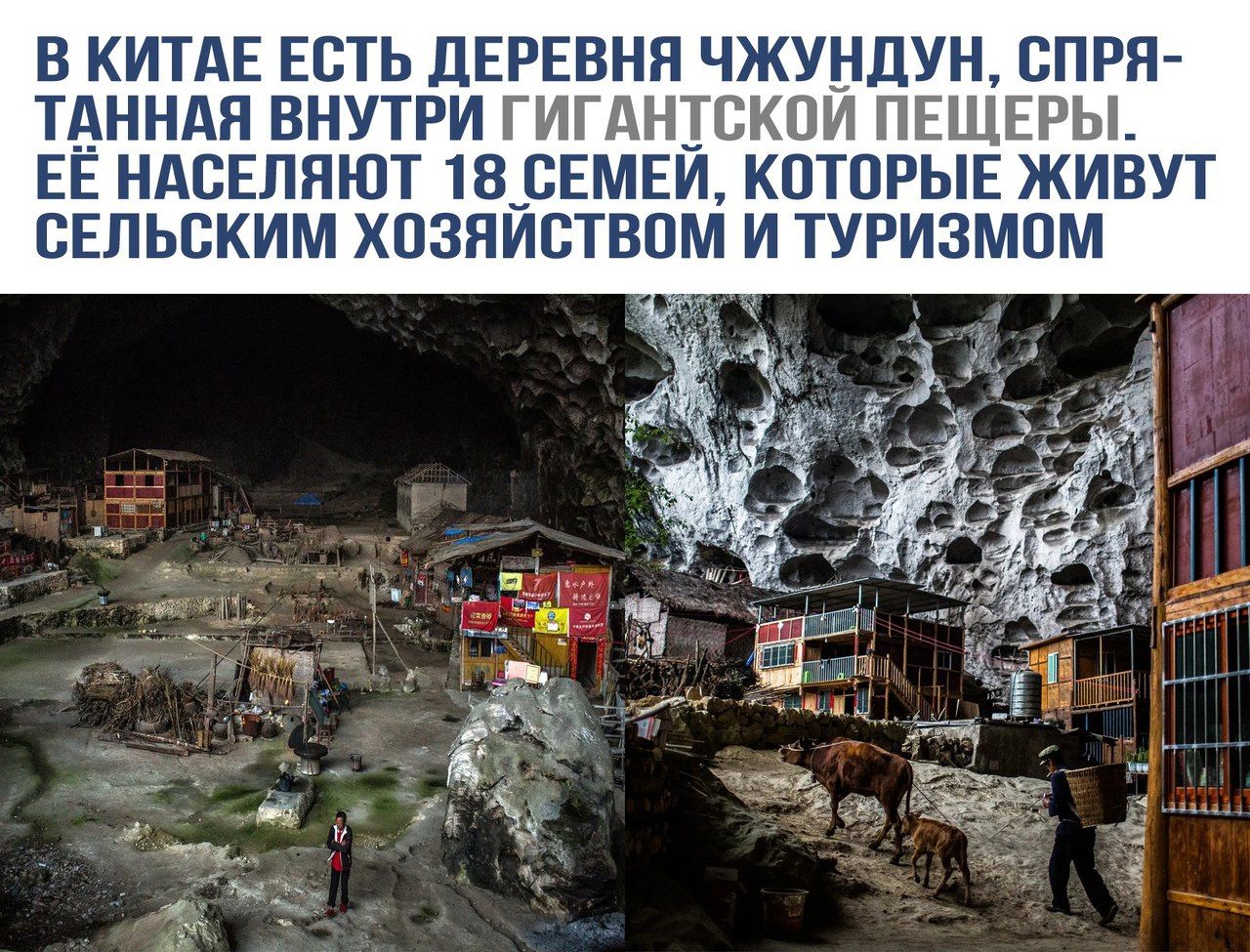 В Китае есть деревня Жжундун, спря-танная внутри гигантской пещеры. Её населяют 18 семей, которые живут сельским хозяйством и туризмом.