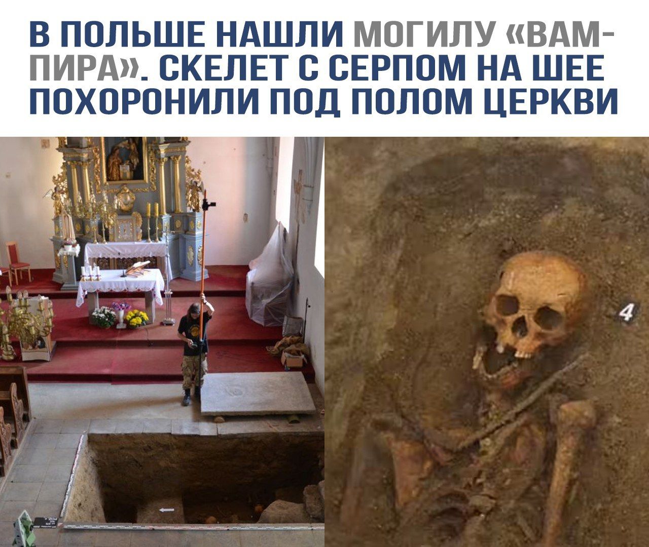 В ПОЛЬШЕ НАШЛИ МОГИЛУ «ВАМ-ПИРА». СКЕЛЕТ С СЕРПОМ НА ШЕЕ ПОХОРОНИЛИ ПОД ПОЛОМ ЦЕРКВИ