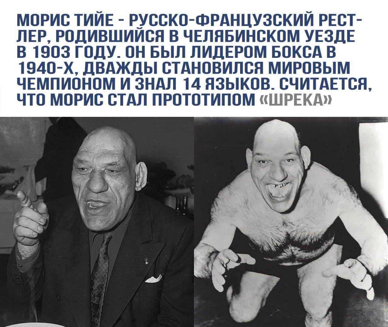 МОРИС ТИЙЕ - РУССКО-ФРАНЦУЗСКИЙ РЕСТ-ЛЕР, РОДИВШИЙСЯ В ЧЕЛЯБИНСКОМ УЕЗДЕ В 1903 ГОДУ. ОН БЫЛ ЛИДЕРОМ БОКСА В 1940-Х, ДВАЖДЫ СТАНОВИЛСЯ МИРОВЫМ ЧЕМПИОНОМ И ЗНАЛ 14 ЯЗЫКОВ. СЧИТАЕТСЯ, ЧТО МОРИС СТАЛ ПРОТОТИПОМ 