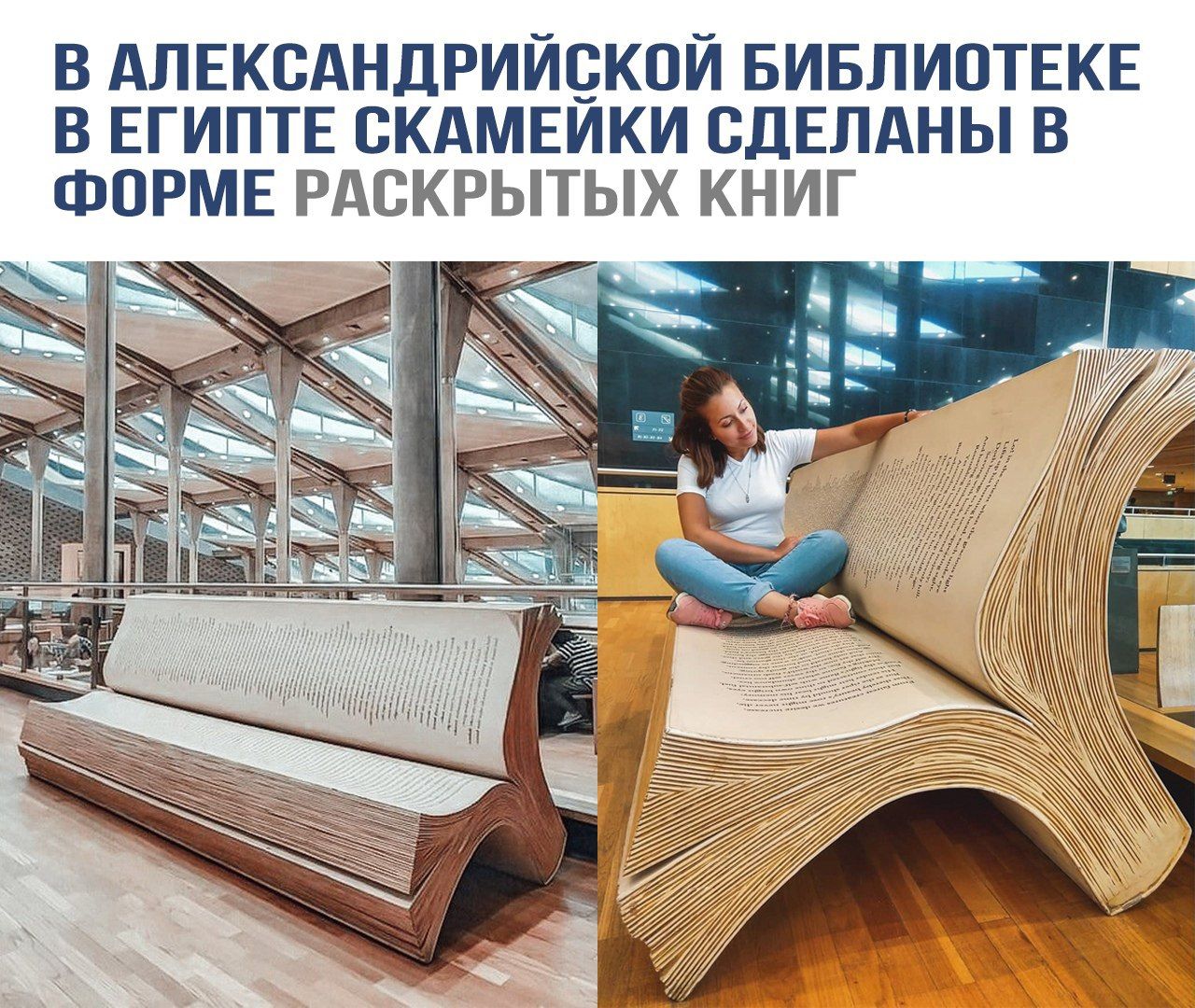 В АЛЕКСАНДРИЙСКОЙ БИБЛИОТЕКЕ В ЕГИПТЕ СКАМЕЙКИ СДЕЛАНЫ В ФОРМЕ РАСКРЫТЫХ КНИГ