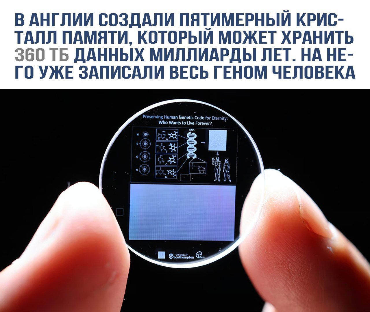В Англии создали пятимерный криcталл памяти, который может хранить 360 ТБ данных миллиарды лет. На него уже записали весь геном человека.