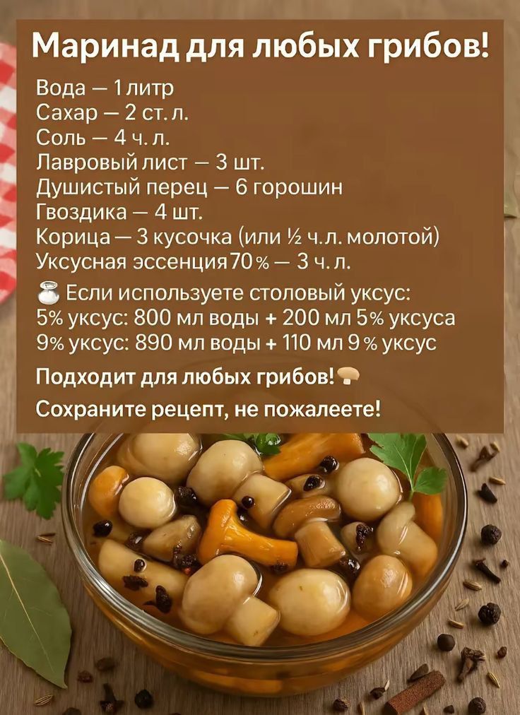 Маринад для любых грибов!

Вода – 1 литр
Сахар – 2 ст. л.
Соль – 4 ч. л.
Лавровый лист – 3 шт.
Душистый перец – 6 горошин
Гвоздика – 4 шт.
Корица – 3 кусочка (или ½ ч.л. молотой)
Уксусная эссенция 70 % – 3 ч. л.

Если используете столовый уксус:
5% уксус: 800 мл воды + 200 мл 5% уксуса
9% уксус: 890 мл воды + 110 мл 9% уксуса

Подходит для любых грибов!
Сохраните рецепт, не пожалеете!