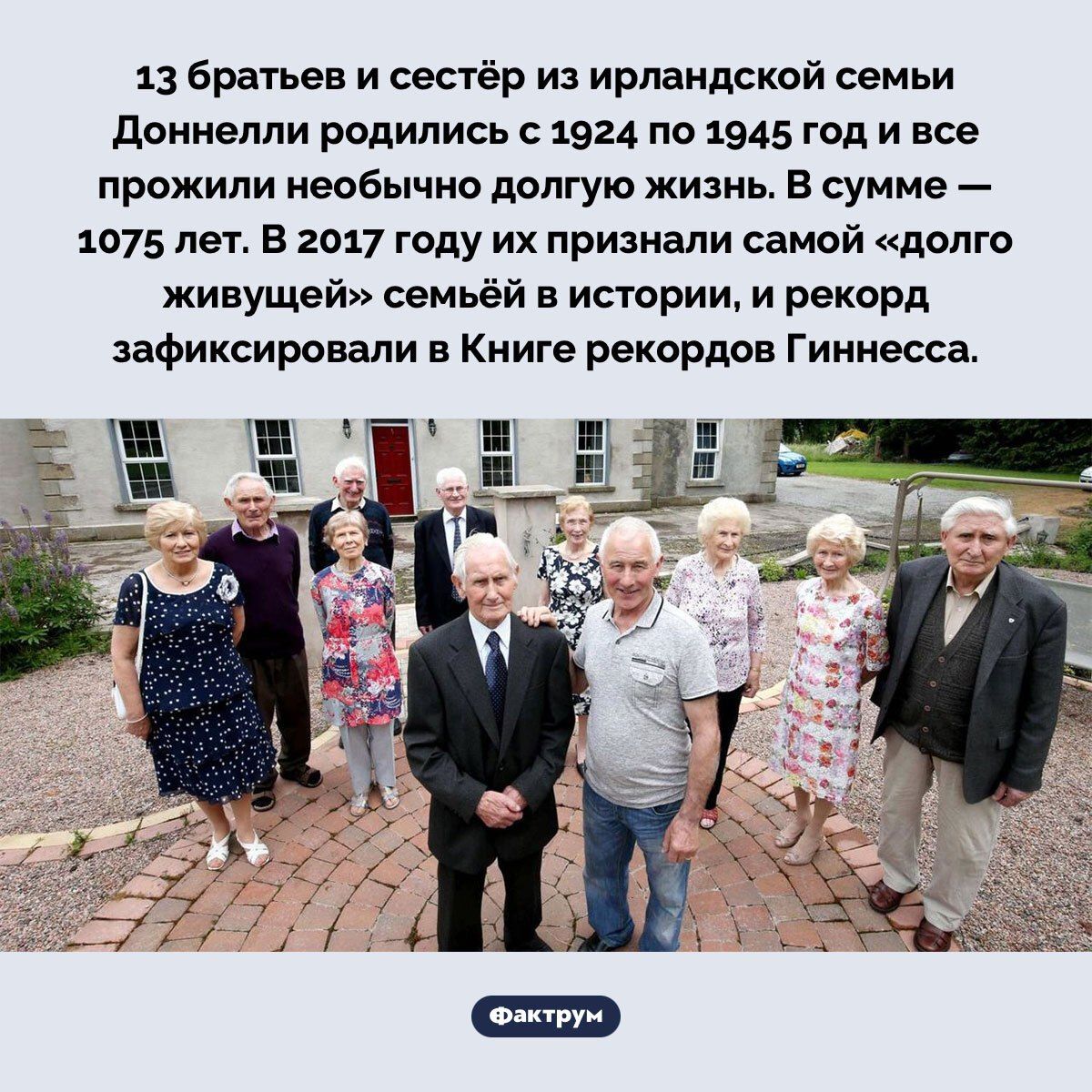 13 братьев и сестёр из ирландской семьи Доннелли родились с 1924 по 1945 год и все прожили необычно долгую жизнь. В сумме — 1075 лет. В 2017 году их признали самой «долго живущей» семьей в истории, и рекорд зафиксировали в Книге рекордов Гиннесса.