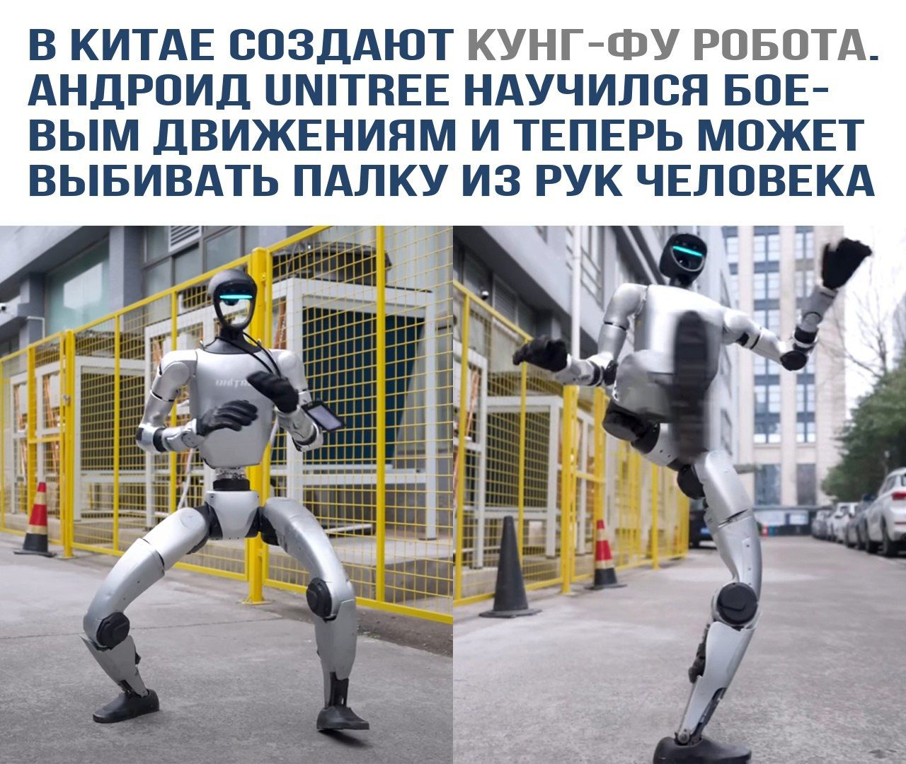 В Китае создают кунг-фу робота. Андроид UNITREE научился боевым движениям и теперь может выбивать палку из рук человека.