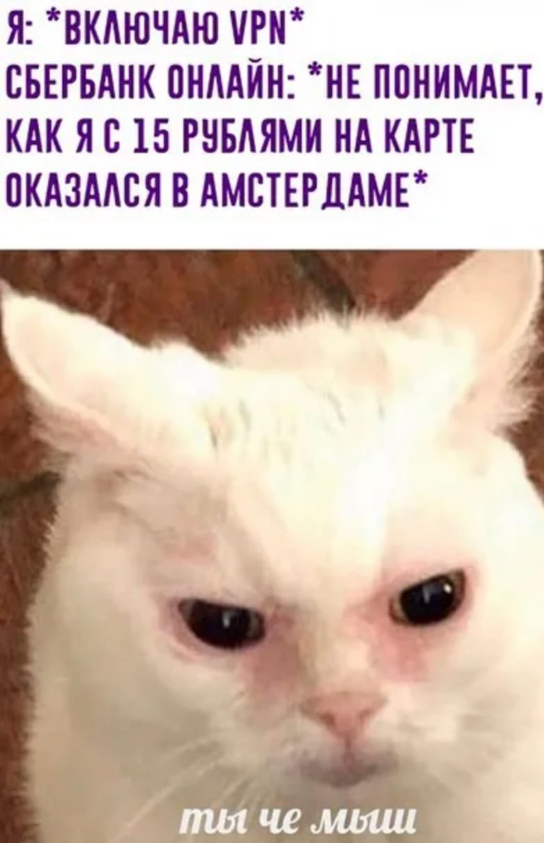 Я: *Включаю VPN* Сбербанк онлайн: *Не понимает, как я с 15 рублями на карте оказался в Амстердаме* ты че мышь