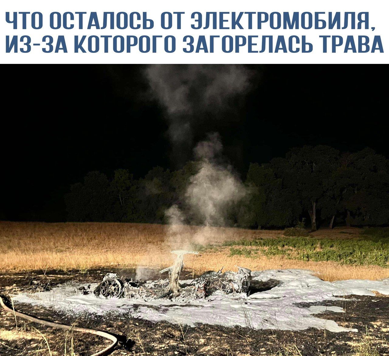 Что осталось от электромобиля, из-за которого загорелась трава