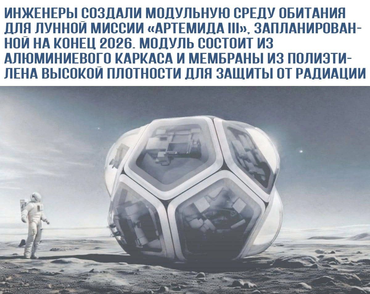 ИНЖЕНЕРЫ СОЗДАЛИ МОДУЛЬНУЮ СРЕДУ ОБИТАНИЯ ДЛЯ ЛУННОЙ МИССИИ «АРТЕМИДА III», ЗАПЛАНИРОВАН- НОЙ НА КОНЕЦ 2026. МОДУЛЬ СОСТОИТ ИЗ АЛЮМИНИЕВОГО КАРКАСА И МЕМБРАНЫ ИЗ ПОЛИЗИТ- ЛЕНА ВЫСОКОЙ ПЛОТНОСТИ ДЛЯ ЗАЩИТЫ ОТ РАДИАЦИИ