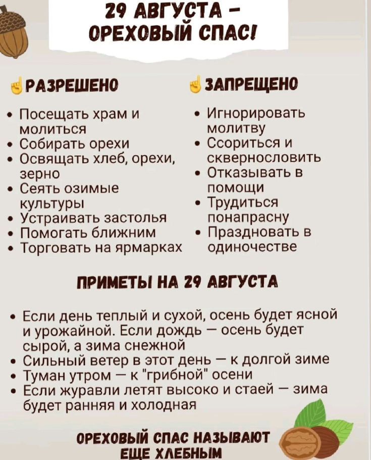 29 АВГУСТА – ОРЕХОВЫЙ СПАС!

РАЗРЕШЕНО
- Посещать храм и молиться
- Собировать орехи
- Освящать хлеб, орехи, зерно
- Сеять озимые культуры
- Устраивать застолья
- Помогать ближним
- Торговать на ярмарках

ЗАПРЕЩЕНО
- Игнорировать молитву
- Ссориться и сверноломиться
- Отказываться в помощи
- Трудиться понарошку
- Праздновать в одиночестве

ПРИМЕТЫ НА 29 АВГУСТА
Если день теплый и сухой, осень будет ясной и урожайной. Если дождь — осень будет холодной и сима снежной.
Сильный ветер в этот день — с долгой зимой.
Журчание летней воды — зима будет ранней и холодной.