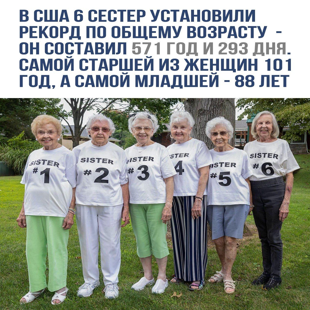 В США 6 сестер установили рекорд по общему возрасту - он составил 571 год и 293 дня. Самой старшей из женщин 101 год, а самой младшей - 88 лет.