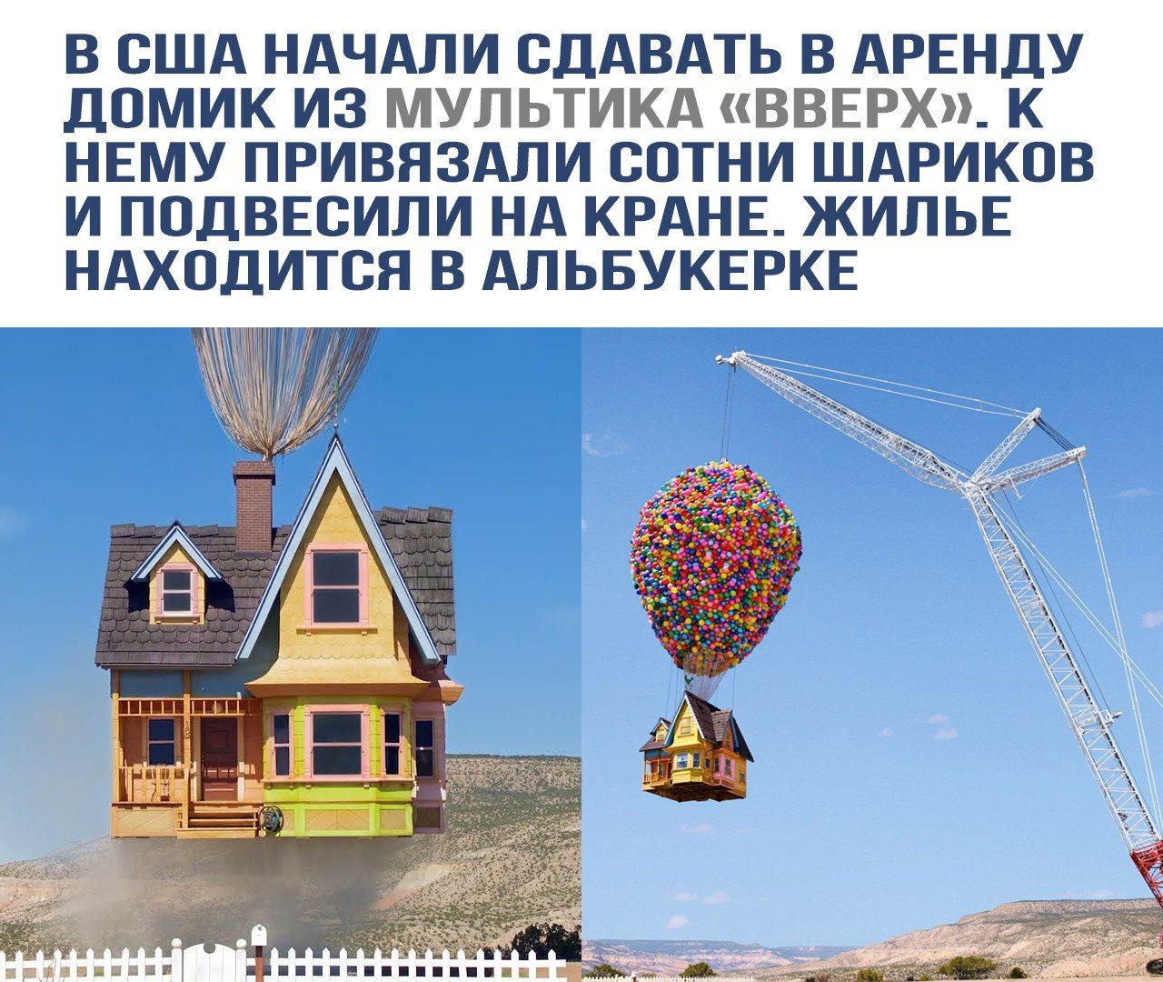 В США начали сдавать в аренду домик из мультика «Вперед». К нему привязали сотни шариков и подвесили на кране. Жилье находится в Альбукерке.