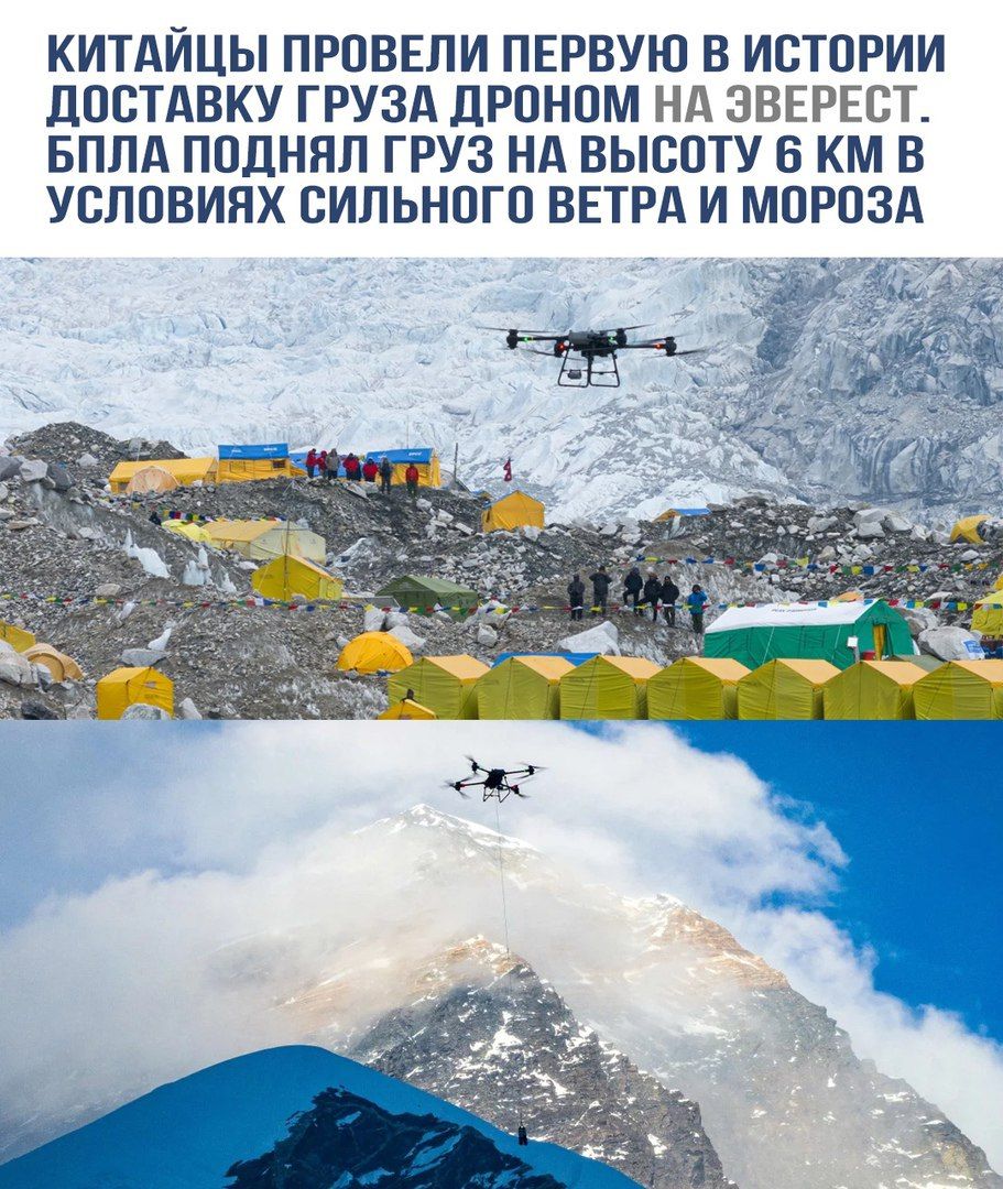 Китайцы провели первую в истории доставку груза дроном на Эверест. Была поднята груза на высоту 6 км в условиях сильного ветра и мороза.