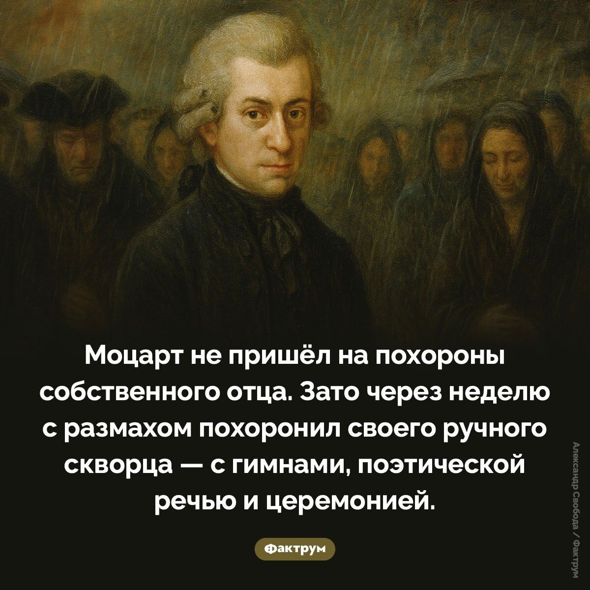 Моцарт не пришёл на похороны собственного отца. Зато через неделю с размахом похоронил своего ручного скворца — с гимнами, поэтической речью и церемонией.