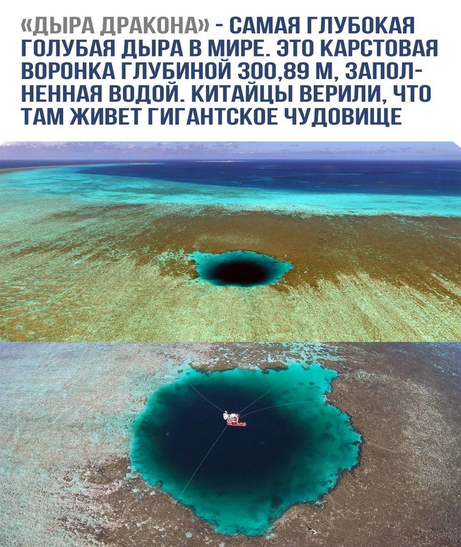 «Дыра дракона» - самая глубокая голубая дыра в мире. Это карстовая воронка глубиной 300,89 м, заполненная водой. Китайцы верили, что там живет гигантское чудовище.