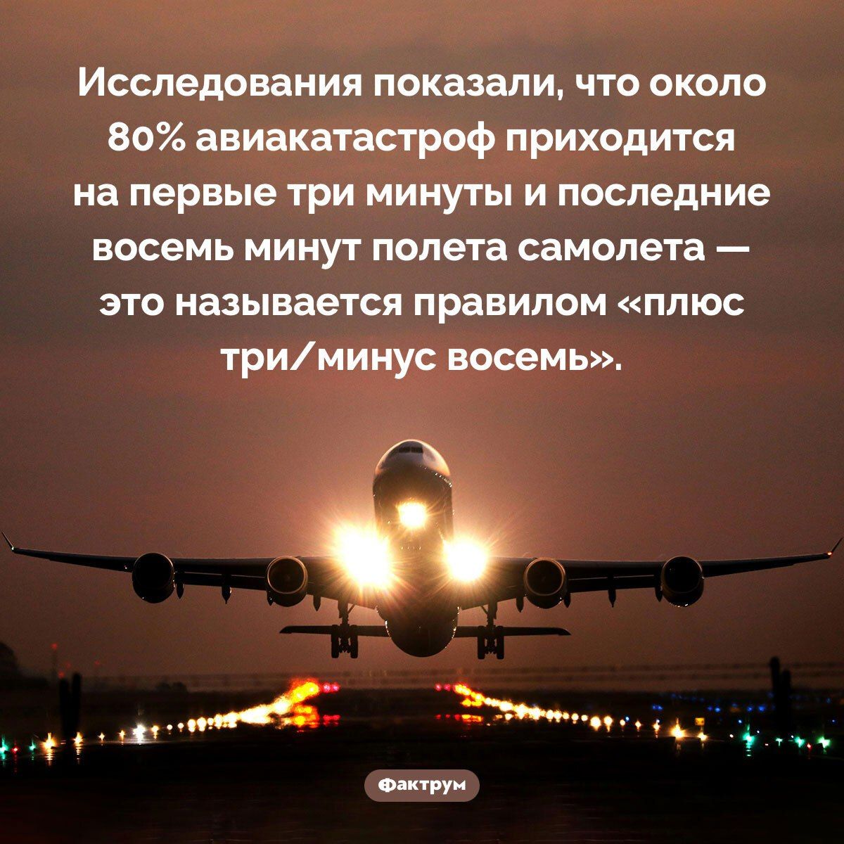 Исследования показали, что около 80% авиакатастроф приходится на первые три минуты и последние восемь минут полета самолета — это называется правилом «плюс три/минус восемь».
