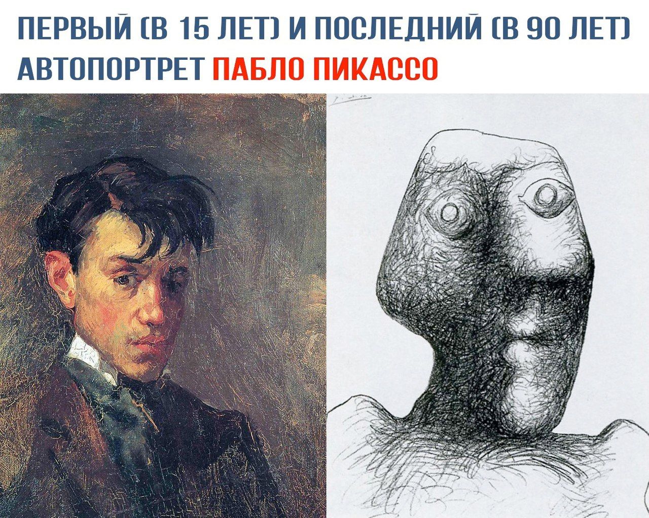 ПЕРВЫЙ (В 15 ЛЕТ) И ПОСЛЕДНИЙ (В 90 ЛЕТ) АВТОПОРТРЕТ ПАБЛО ПИКАССО