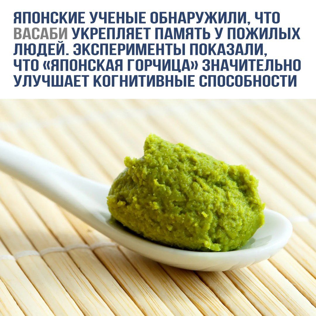 Японские учёные обнаружили, что васаби укрепляет память у пожилых людей. Эксперименты показали, что «японская горчица» значительно улучшает когнитивные способности.