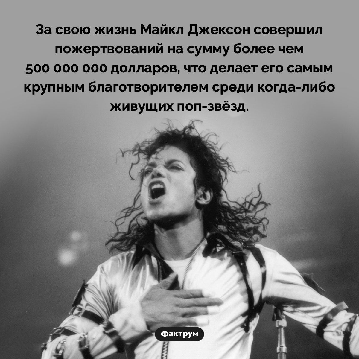 За свою жизнь Майкл Джексон совершил пожертвований на сумму более чем 500 000 000 долларов, что делает его самым крупным благотворителем среди когда-либо живущих поп-звёзд.