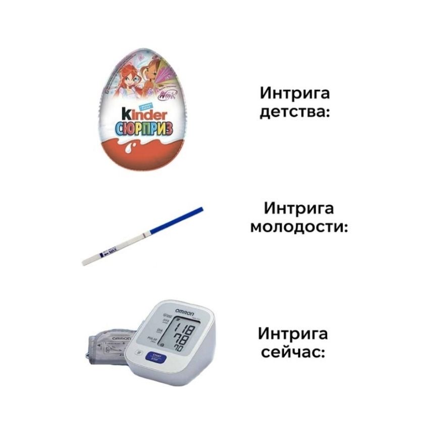 Интрига детства: Kinder Сюрприз
Интрига молодости: шариковая ручка
Интрига сейчас: тонометр