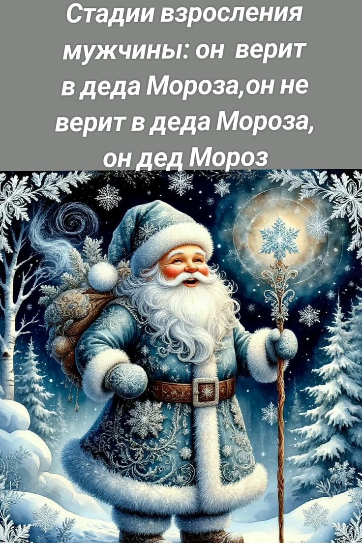 Стадии взросления мужчины: он верит в деда Мороза, он не верит в деда Мороза, он дед Мороз.