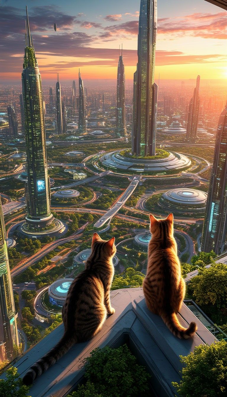 Два кота наблюдают за футуристическим городом с небоскребами на закате.