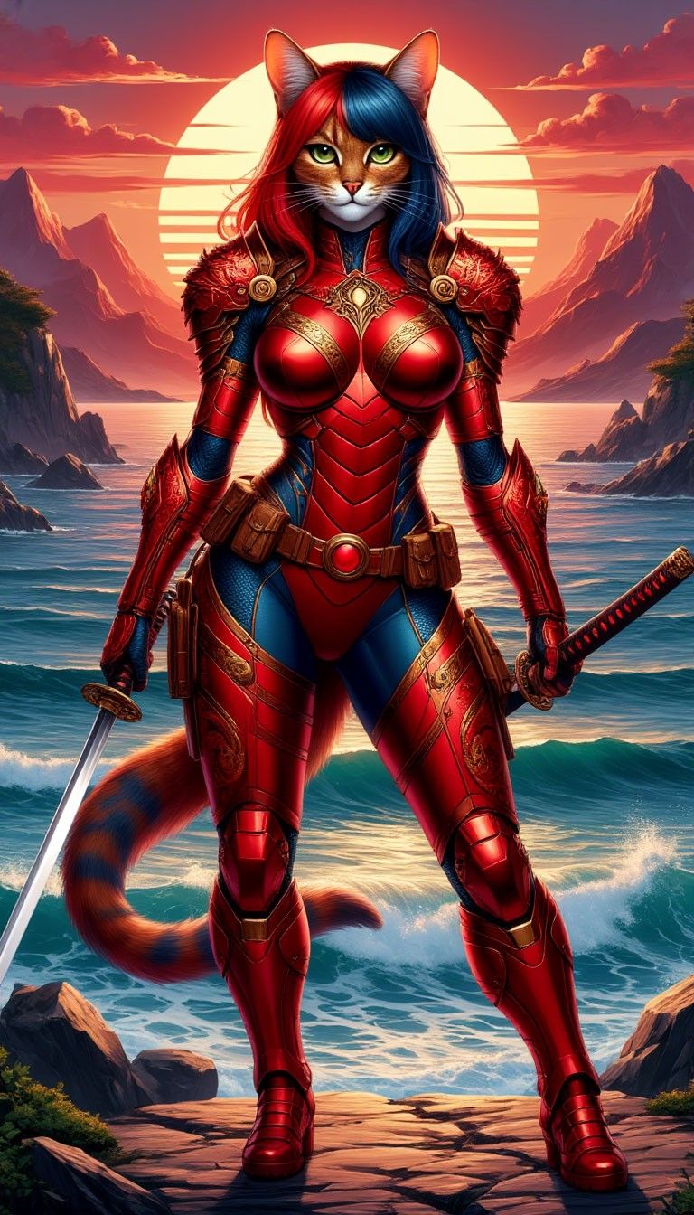 Кот в красной футуристической броне рыцаря с мечами на фоне закатного моря