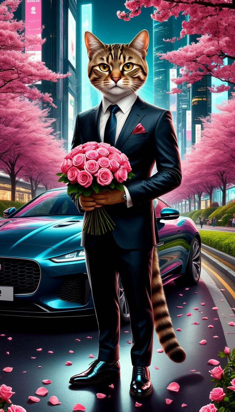 Кот в костюме держит букет на фоне розового города.