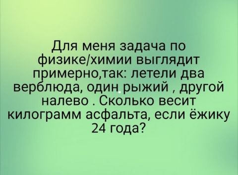Для меня задача по физикехимии выглядит п имернотак петепи два вер люда один рыжий другой налево Сколько весит килограмм асфальта если ёжику 24 года