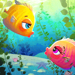 Две яркие рыбки общаются под водой среди водорослей