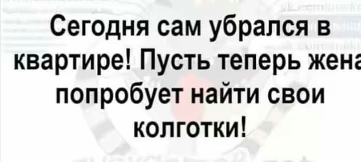 Сегодня сам убрался в квартире Пусть теперь жене попробует найти свои колготки