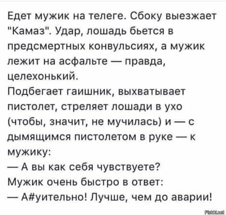 Едет мужик на телеге Сбоку выезжает Камаз Удар лошадь бьется в предсмертных конвульсиях а мужик лежит на асфальте правда целехонький Подбегает гаишник выхватывает пистолет стреляет лошади в ухо чтобы значит не мучилась и с дымящимся пистолетом в руке к мужику А вы как себя чувствуете Мужик очень быстро в ответ Ауительно Лучше чем до аварии