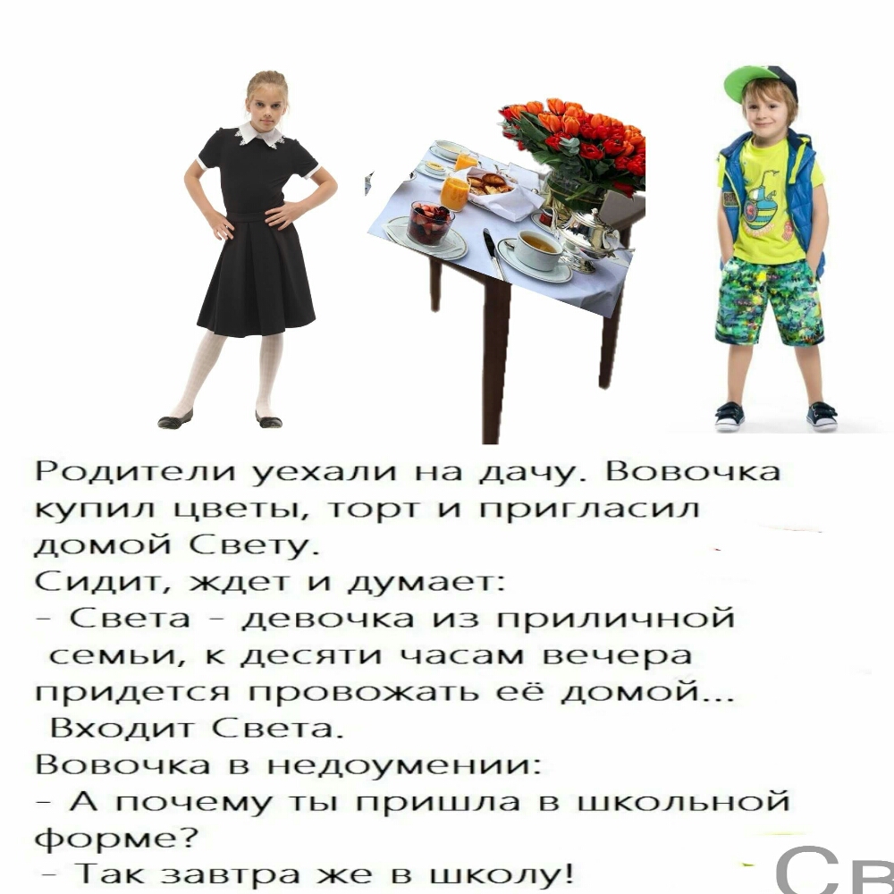 Родители уехали на дачу Вовочка купил цветы торт и пригласил домой Свету Сидит ждет и думает _ Света _ девочка из приличной семьи к десяти часам вечера придется провожать её домой Входит Света Вовочка в недоумении А почему ты пришла в школьной форме _ Так завтра же в школу С Е