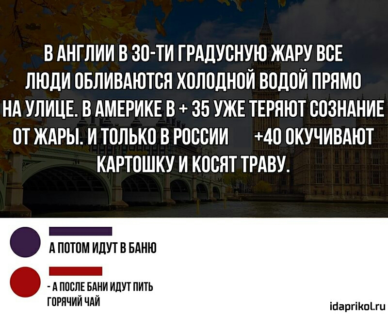 В АНГЛИИ В ЗО ТИ ГРАДУВНУЮ ЖАРУ ВПЕ ЛЮДИ ОБЛИВАЮТСЯ ХПЛПДНОИ ВОДОЙ ПРЯМП НА УЛИЦЕ В АМЕРИКЕ В 35 УЖЕ ТЕРНЮТ ВПЗНАНИЕ ПТ ЖАРЫ И ТПЛЬКП В РПСВИИ 40 ПКУЧИВАЮТ КАРТПШКУ И КОВЯТ ТРАВУ _ Апптпм идут в вдню _ д ПОСЛЕ БАНИ ИДУТ ПИТЬ ГПРНЧИИ ЧАИ іиаргіКпЦЦ