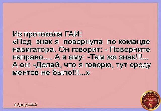 Из протокола ГАИ Под знак я повернула по команде навигатора Он говорит Поверните направо А я ему Там же знак А он Депай что я говорю тут сроду ментов не было имиджа
