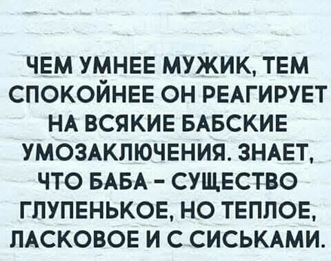 ЧЕМ УМНЕЕ МУЖИК ТЕМ СПОКОЙНЕЕ ОН РЕАГИРУЕТ НА ВСЯКИЕ БАБСКИЕ УМОЗАКЛЮЧЕНИЯ ЗНАЕТ ЧТО БАБА СУЩЕСТВО ГПУПЕНЬКОЕ НО ТЕПЛОЕ ПАСКОВОЕ И С СИСЬКАМИ