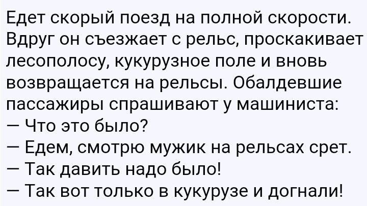 Едет скорый поезд на полной скорости Вдруг он съезжает с рельс проскакивает лесополосу кукурузное поле и вновь возвращается на рельсы Обалдевшие пассажиры спрашивают у машиниста Что это было Едем смотрю мужик на рельсах срет Так давить надо было Так вот только в кукурузе и догнали