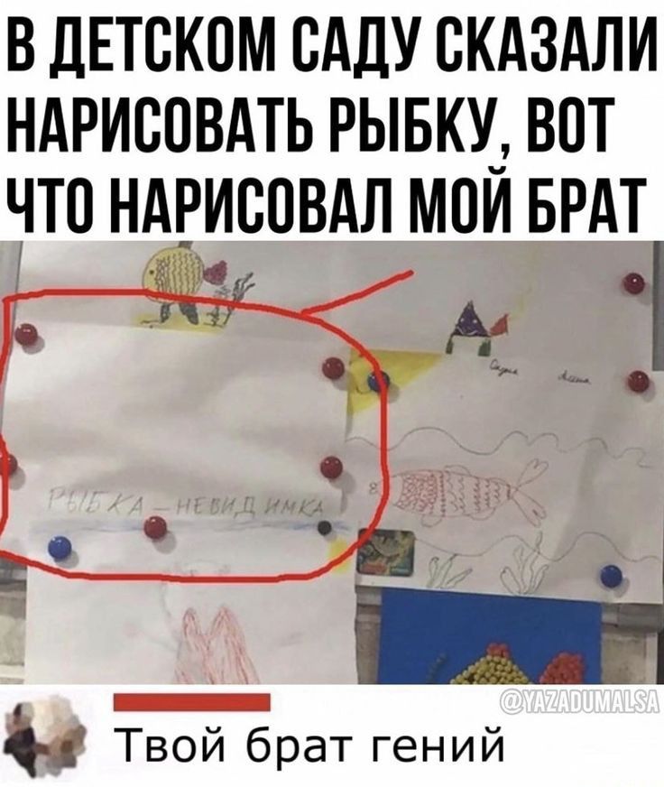 В ДЕТЕКПМ ЕАДУ СКАЗАЛИ НАРИСПВАТЬ РЫБКУ_ ВЦТ ЧТО НАРИСПВАЛ МОИ БРАТ з_ Твой брат гений