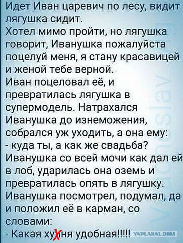 _дет Иван царевич по лесу вид гушка сидит Хотел мимо пройти но лягушка говорит Иванушка пожалуйста поцелуй меня я стану красавицей и женой тебе верной Иван поцеловал её и превратилась лягушка в супермодель Натрахапся Иванушка до изнеможения собрался уж уходить а она ему куда ты а как же свадьба Иванушка со всей мочи как дал ей в лоб ударилась она оземь и превратилась опять в лягушку Иванушка посмо