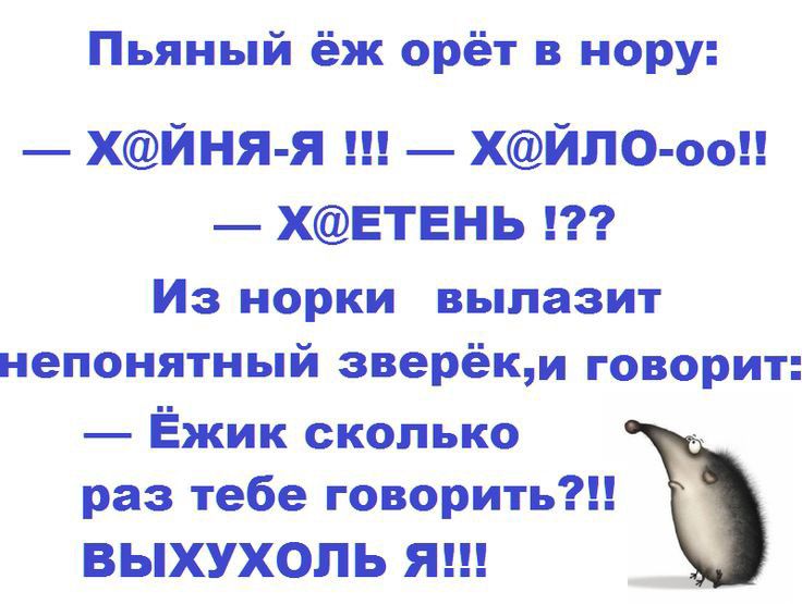 Пьяный ёж орёт в нору ХЙНЯ Я ХЙПО ооН ХЕТЕНЬ Из норки вылазит непонятный эверёкм говорит Ёжик сколько раз тебе говорить ВЫХУХОПЬ Я