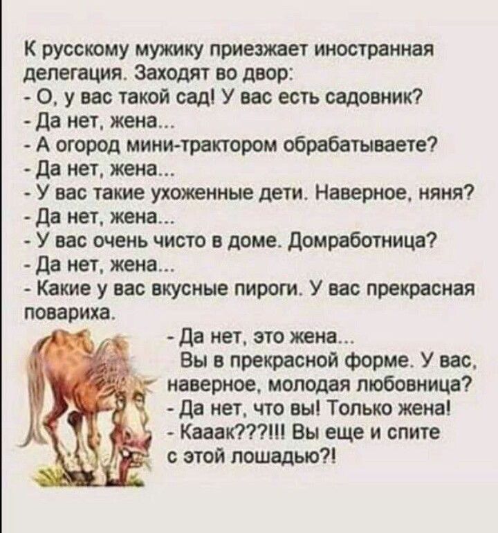 К руссюму мужику приезжает иностранная делегация Заходят во двор 0 у вас чакой сад У вас есть садовнип да нет жена А огород мииичрактсром обрабатывает да нет жена У вас такие ухоженные дети Наверное няня да инт жека У вас очень чисто в доме домработница да мы жека Какие у вас вкусные пироги У вас прекрасная повариха дд нет жена Вы в прекрасной Форма У вас наверное молодая пъобсвиица да мы что вы Т