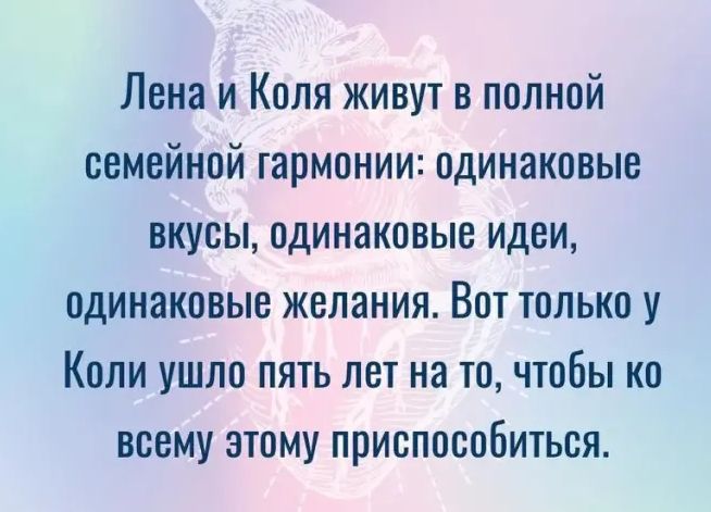 Лена и Коля живут в полной семейной гармонии одинаковые вкусы одинаковые идеи одинаковые желания Вот только у Коли ушло пять лет на то чтобы ко всему этому приспособиться