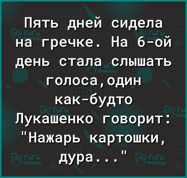 Пять дней сидела на гречке На 6 ой день стала слышать гопосаодин как будто Лукашенко говорит Нажарь картошки дура