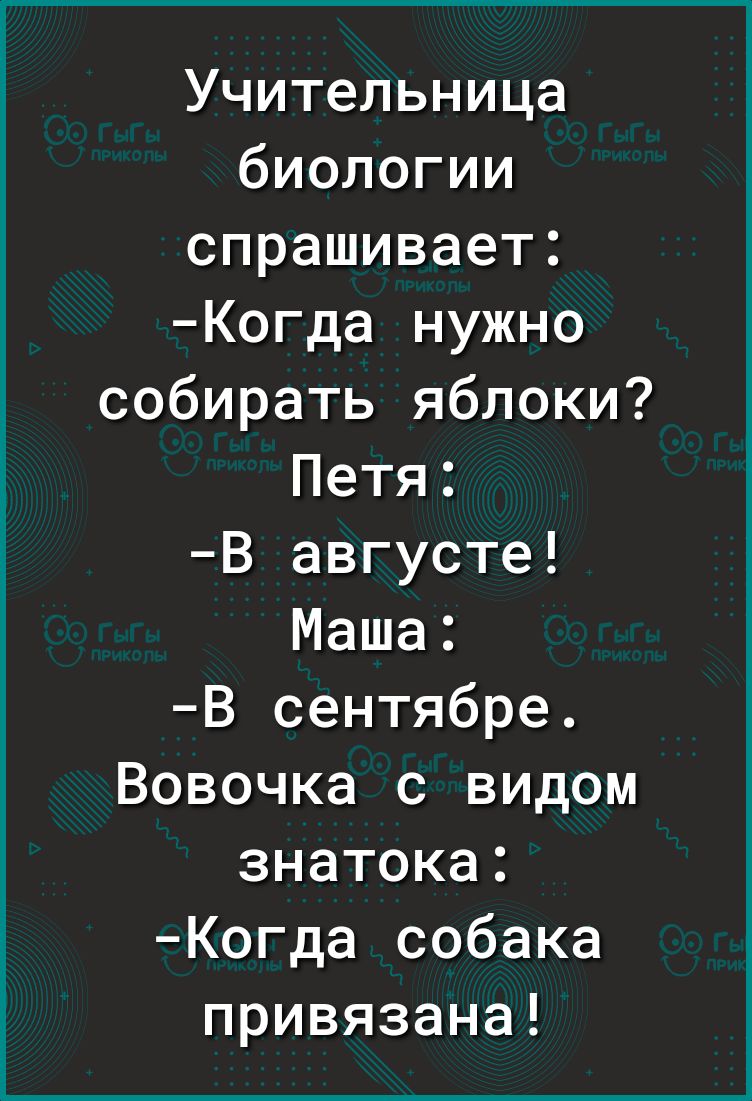 Учительница биологии спрашивает Когда нужно собирать яблоки Петя В августе Маша В сентябре Вовочка с видом знатока Когда собака привязана