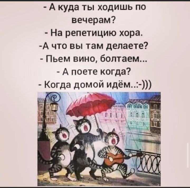 А куда ты ходишь по вечерам На репетицию хора А что вы там делаете Пьем вино болтаем А поете когда Когда домой идём