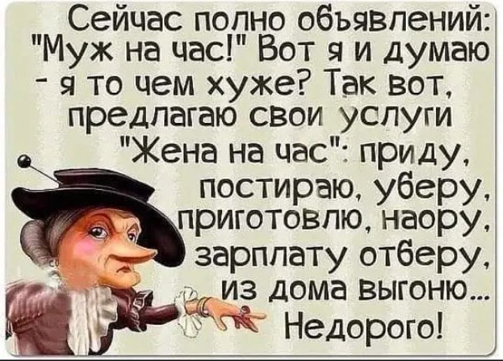 Сейчас попно объявлений Муж на час Вот я и думаю я то чем хуже Так вот предпагаю свои услуги Жена на час приду постираю уберу приготовлю наору зарплату отберу из дома выгоню Недорого