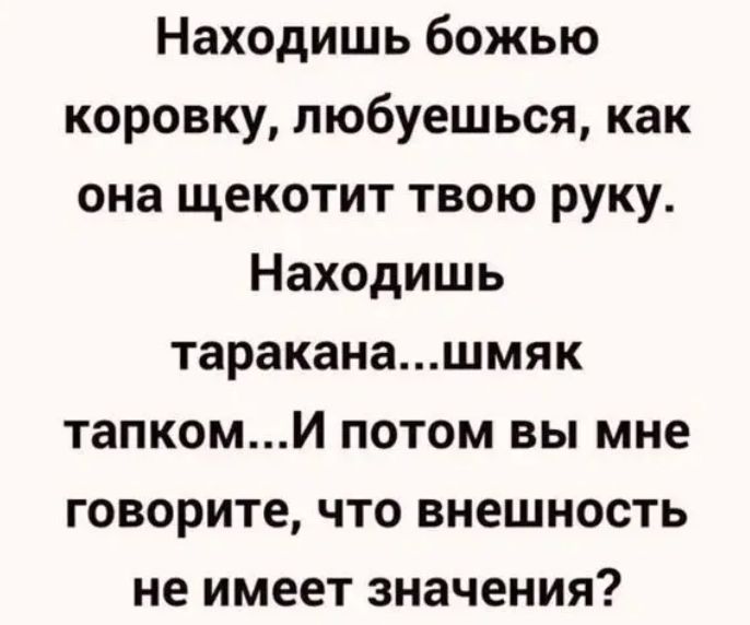 Находишь божью коровку пюбуешься как она щекотит твою руку Находишь тараканашмяк тапкомИ потом вы мне говорите что внешность не имеет значения